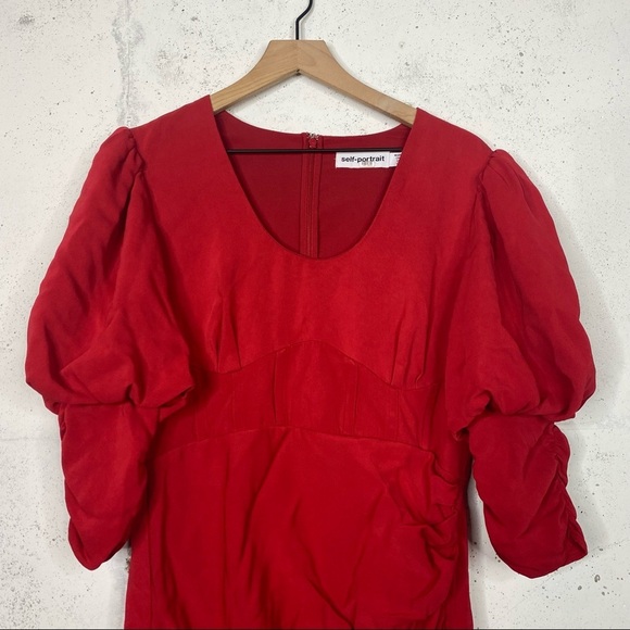 Self Portrait Crepe Red Midi Ruffle Puff Sleeve Crepe Dress Size 10 - Picture 2 of 7